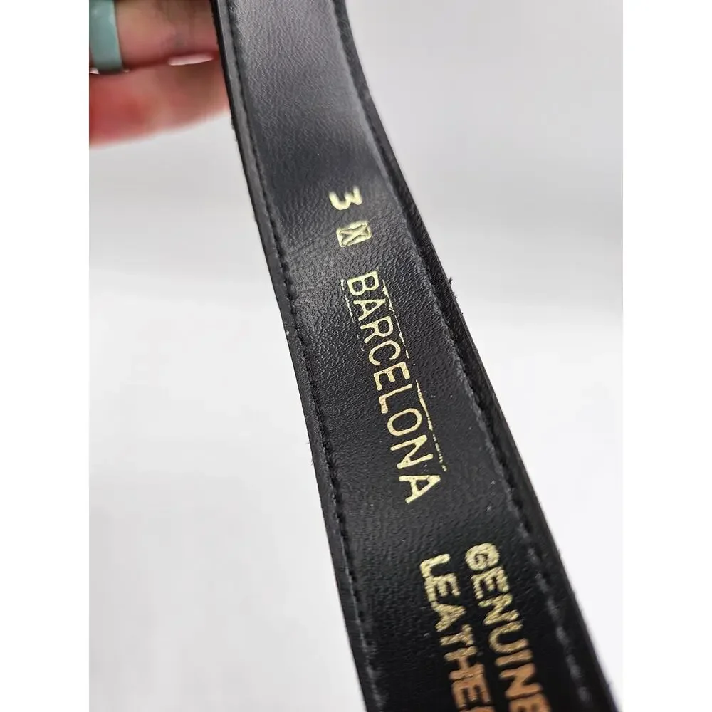 Vintage Mid Century Womens Sz M Black Leather Belt Barcelona Gold Buckle